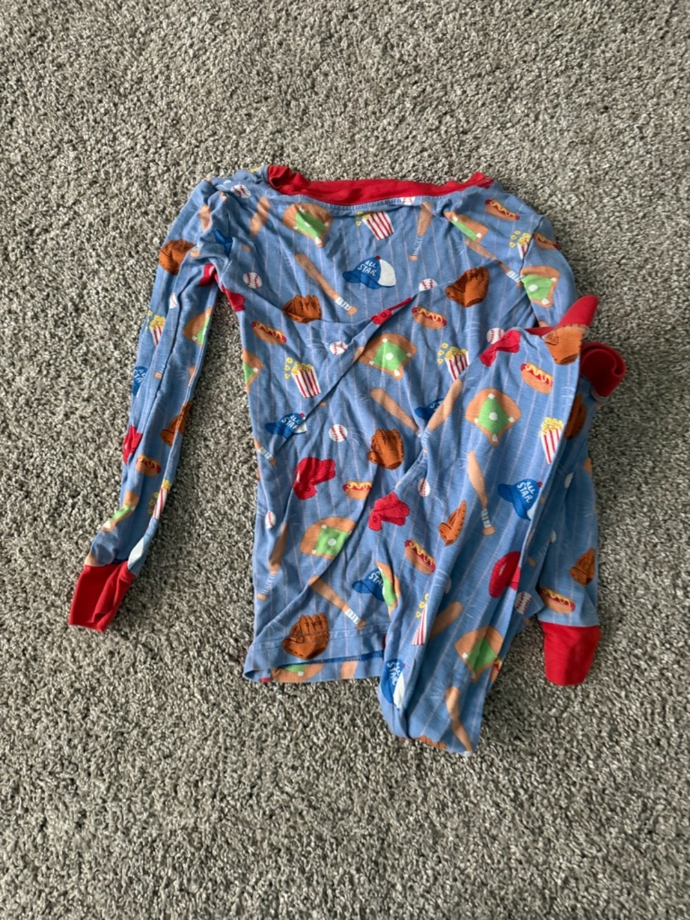 Kids Blue Baseball Snack Print Pajama Top with Red Trim